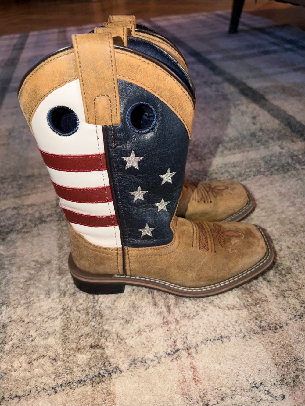 Kids Cowboy Boots with Star & Stripe Accent - Brown/Tan, Navy & Red